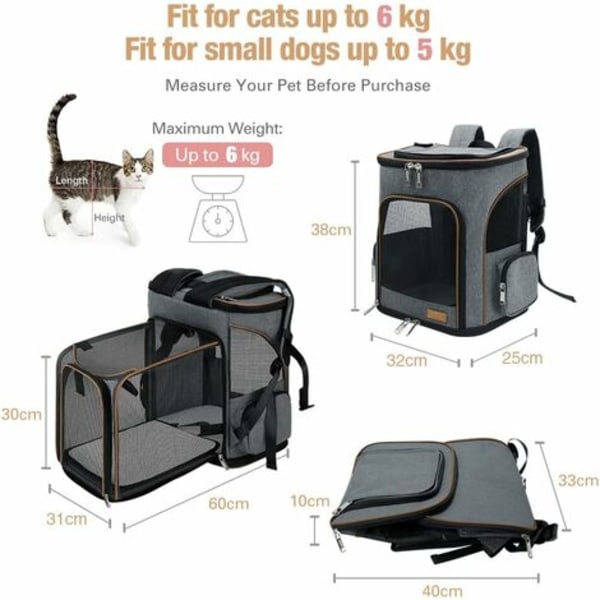 Katt- och hundryggsäck, expanderbar hopfällbar katt- och hundtransportväska för små hundar med inre säkerhetskoppel och 2 husdjursmattor, grå