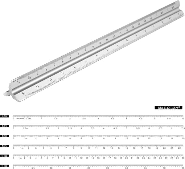 Aluminiumlinjaler Triangulär linjal 1:20, 1:25, 1:50, 1:75, 1:100, 1:150, 30 cm lång triangulär linjal