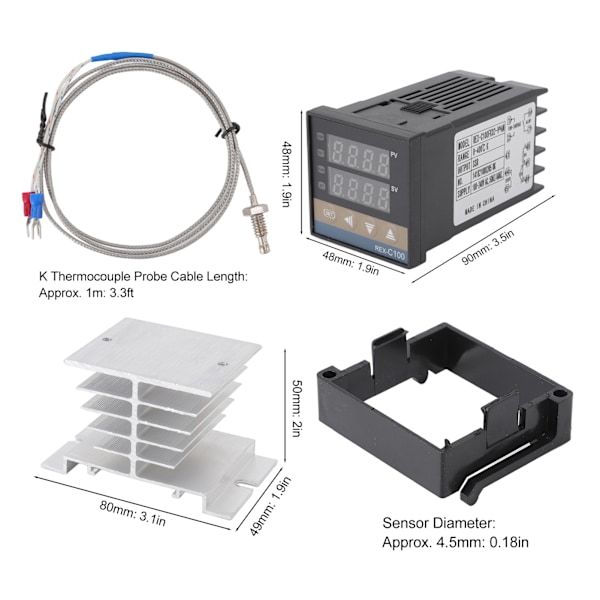 Digital termostat för gårdsbruk, exakt PID-temperaturregulator med K-termoelement, metallvärmeavledare, solid state-relä, 100V-240V 40A