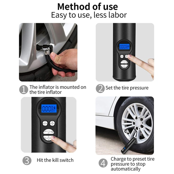 Mini Tire Inflator Digital Portabel luftkompressor 12V, trådlös version 2000mAh uppladdningsbart litiumjonbatteri, Lämplig för bil-/cykelluftpump,