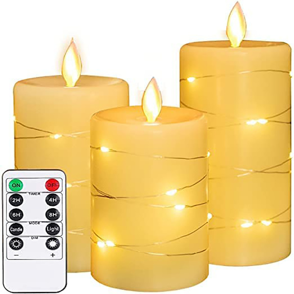 LED-ljus, med inbäddade ljusslingor, 4\" 5\" 6\" Set med 3 flamlösa ljus, med 10 knappars fjärrkontroll, 24 timmars timerfunktion, dansande låga,