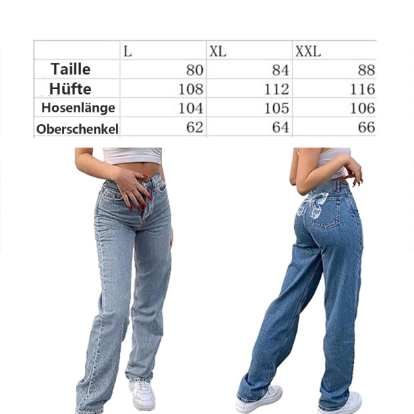 Hög midja Boyfriend Jeans för kvinnor 90-tal Y2K Fjärilstryck Bred Rak Ben Blå Byxor Jeans (XXL)