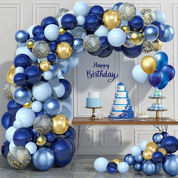 Ballongbåge för födelsedag, 133-pack ballongbåge, blå och guld konfettiballonger, ballongbåge, lämplig för födelsedagsdekoration, bröllop