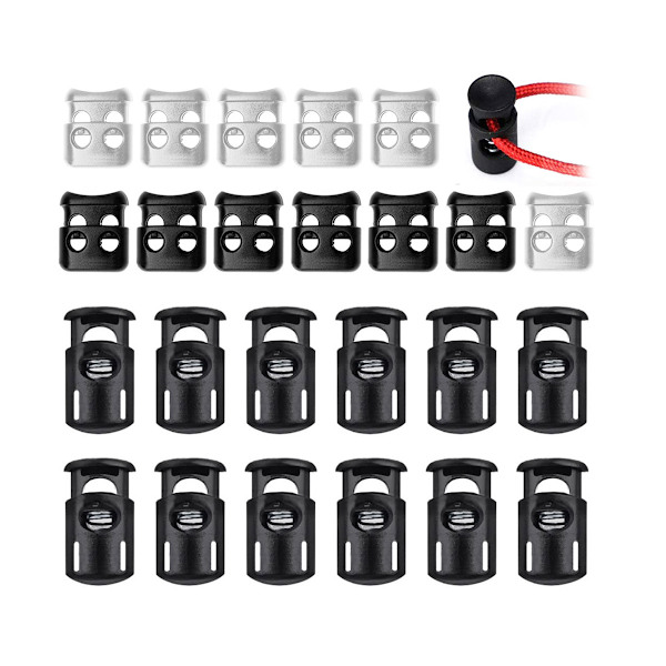 FineGood 20-pack sladdproppar, sladdklämma för rep, fjäderlås för rep, 10 st Sing, 10 st dubbla svarta