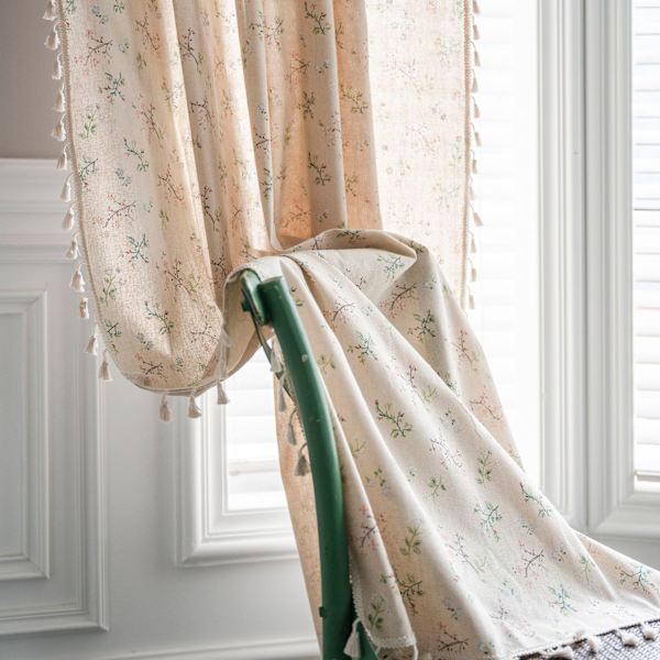 Boho ogenomskinliga gardiner, beige bomullslinne macrame gardiner med tofsar och virkade stickade vertikala ränder för vardagsrum sovrum matsal 1