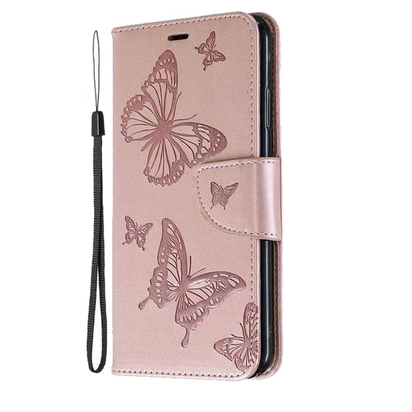 iPhone 14 Pro Wallet Case Sommerfugle Præget - Rosaguld