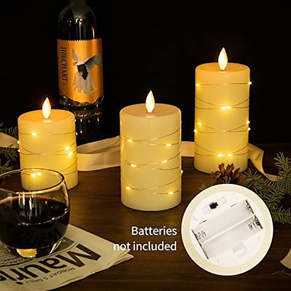 LED-ljus, med inbäddade ljusslingor, 4\" 5\" 6\" Set med 3 flamlösa ljus, med 10 knappars fjärrkontroll, 24 timmars timerfunktion, dansande låga,