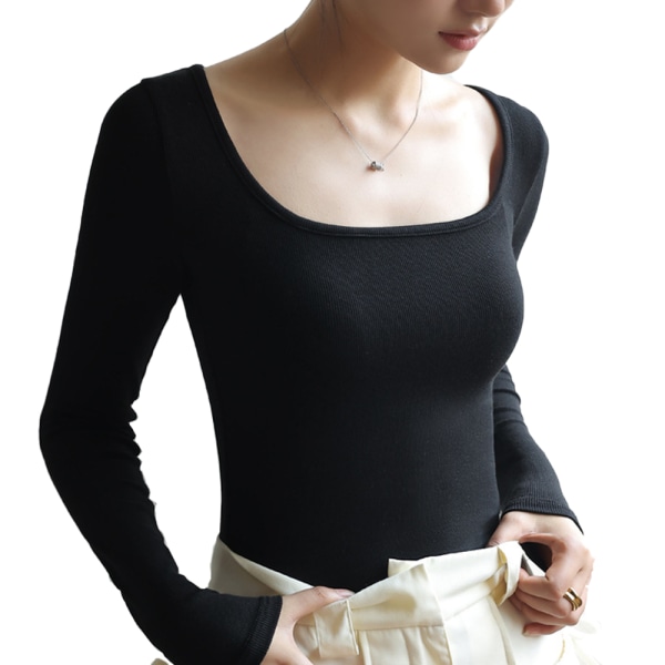 Kvinnlig stickad skjorta långärmad lågskuren Basic Solid Tee