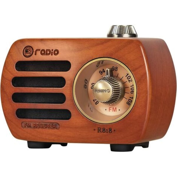 R-818 Uppladdningsbar bärbar radio, Bluetooth 5.0 Mini Radio Stöd för FM-radio och AUX-uttag, Natural Cherry Wood Vintage Radio med HD-ljud och bas