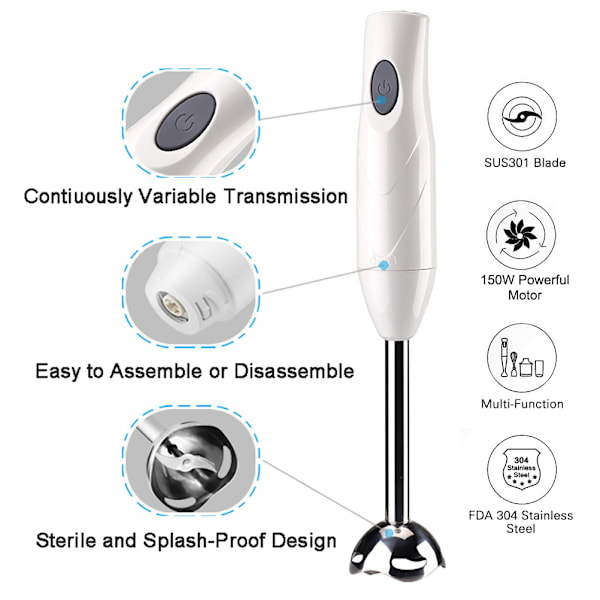 Stavmixer, 150 Watt 5-i-1 Immersion Multi-Purpose Stick Blender med Äggvisp, med Matkvarn