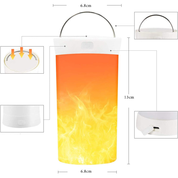 LED-flammeffektlampa, USB-laddningsbar batteridriven flammelampa, braslampa med fjärrkontroll och timer, vattentät dimbar 4-läges