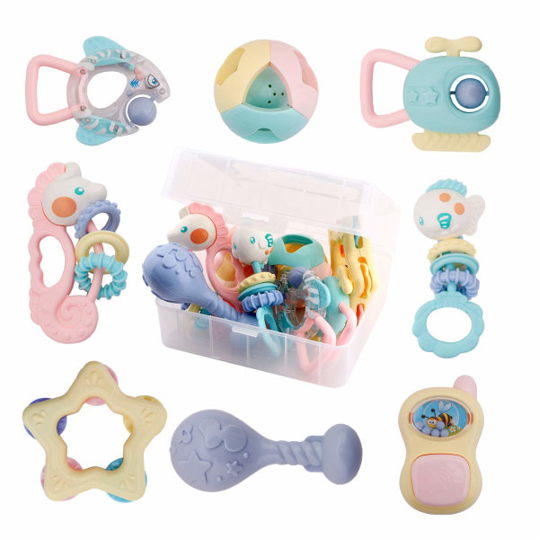 Baby Rattles Bitring Baby Leksaker - 8 st Shaker, Grab and Spin Rattle, musikalisk set, tidiga pedagogiska leksaker för baby , nyfödda