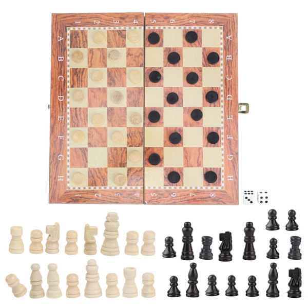 3 i 1 Fällbar Trä Schack Set Bräde Dam Backgammon Draughts Bordsspel Leksak