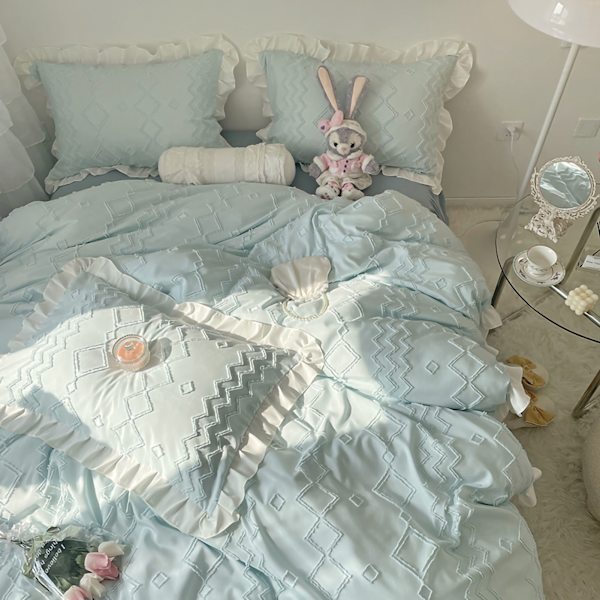 Mjuk sängklädesset med spetsdekoration Hudvänligt borstat tyg Princess sängtillbehör Blå 1,5 meter sängkjol set