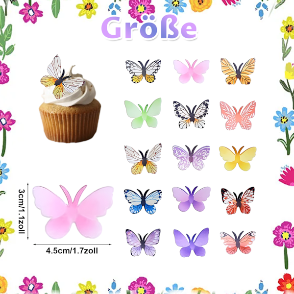 Fjärilsfest Tårtdekorationer, 72 st Ätbara Fjärilar Tårtdekorationer, Ätbart Papper Fjäril Cupcake Dekorationer, för Bröllop, Födelsedag,