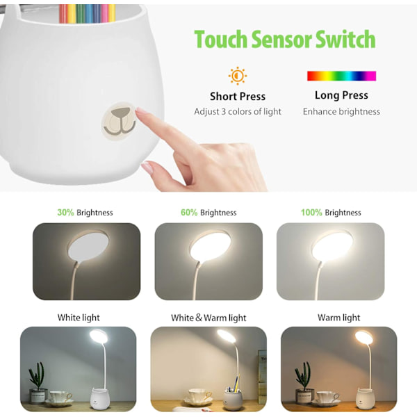 LED-skrivbordslampa, med pennhållare telefonhållare, trådlös, touchkontroll flexibel justerbar ljus USB-laddningsbart batteri, lämplig för sovrum,