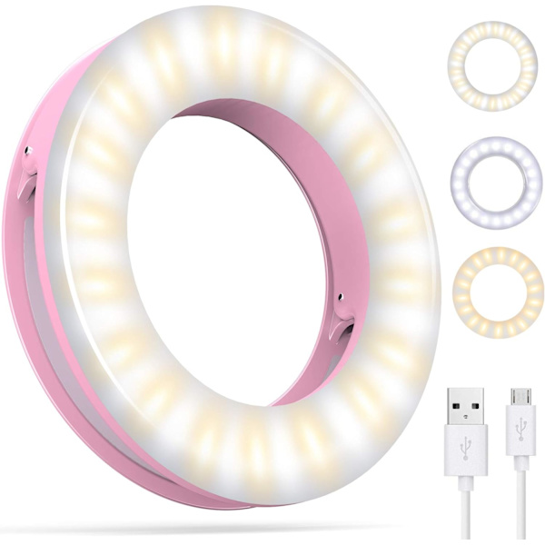 Mini Selfie Ring Light Cirkelklämma på telefon med uppladdningsbart batteri och 36 LED 3 ljuslägen för Smart iPhone Laptop Kamera Video（Rosa）