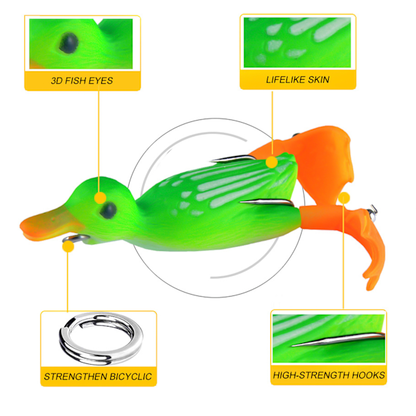 5 st Topwater Duck Lure 3D Gummiflytande Anka Fiske Lure med Krokar Bass Fiskebete