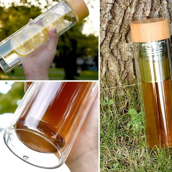 Dubbelväggig Isolerad Vattenflaska i Borosilikatglas, Miljövänligt Bambulock, Motiverande Design För Mångsidig Användning, Säker För Varma & Kalla Drycker
