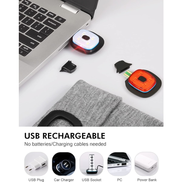 Mössa med LED-lampa fram och bak, USB uppladdningsbar pannlampa med 3 ljusstyrkanivåer, stickad mössa med ljus för jogging, camping, cykling