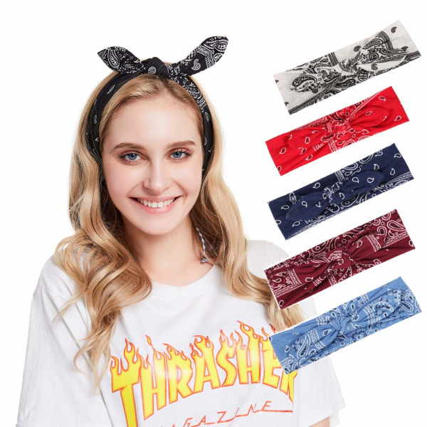 Yeshan Boho bågdiadem för kvinnor Vintage Paisley Bandana Blommigt hårband Elastiskt kaninöron Huvudomslag Söt håraccessoarer, 6-pack