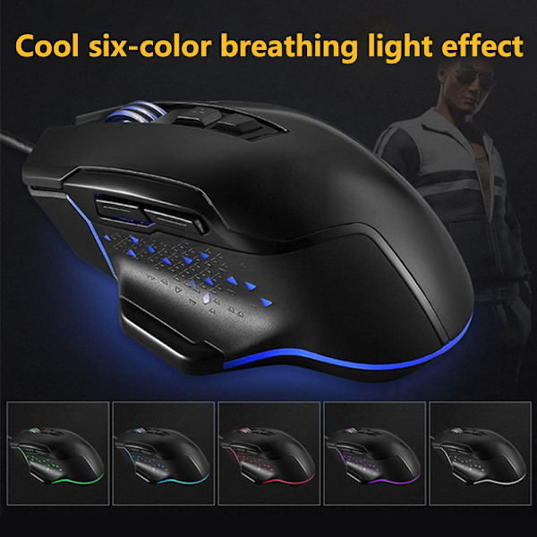 Ergonomisk Tyst Gamingmus, 12000 DPI Justerbar, RGB Auto Andningsljus, 6 Programmerbara Knappar Inklusive Sniperknapp, Bred Kompatibilitet För
