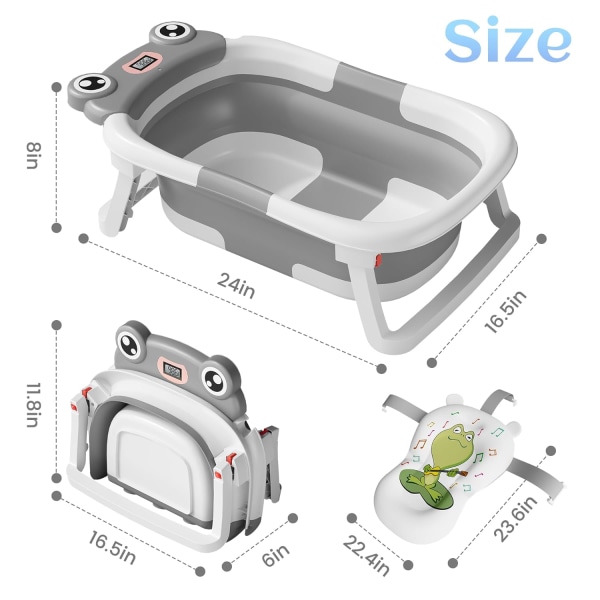 Hopfällbart Babybadkar, Vikbart Badkar för Nyfödda till Småbarn med Mjuk Kudde och Termometer, Portabelt Resebabybadkar, Hållbart Spädbarnsbad