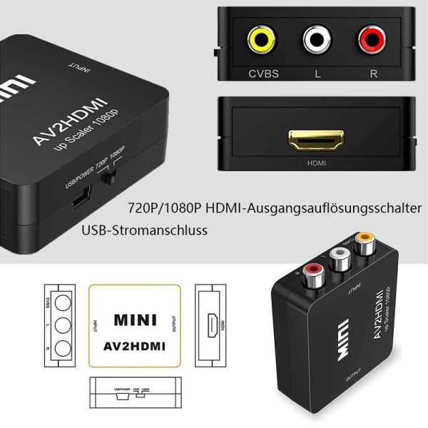 RCA till HDMI Adapter, Wii HDMI Adapter, 1080P RCA Composite CVBS Video Composite CVBS AV till HDMI Converter Audio Stöder PAL/NTSC med USB för
