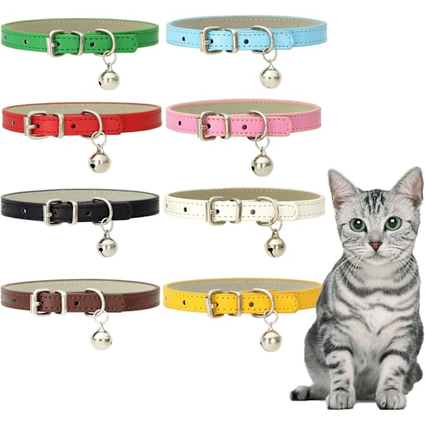 Halsband med bjällra för små katter, läderhalsband för katter i färgglada alternativ, justerbar storlek, eleganta husdjurstillbehör (8 st)