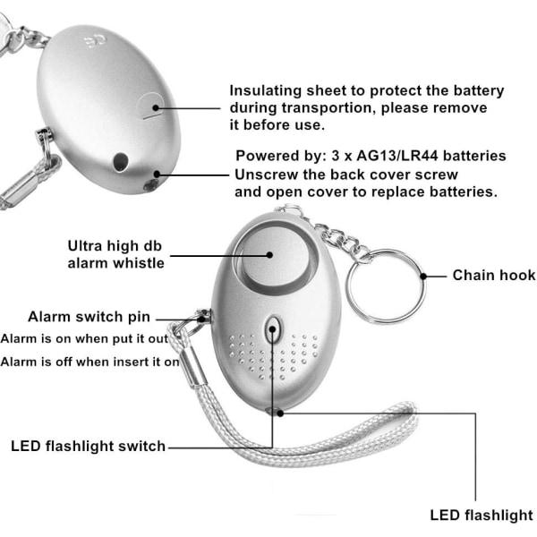 Personligt nödlarm, 5 stycken Scream Safesound Säkerhetslarm 120DB Nyckelring Nödlarm med anti-assault ficklampa med LED-ljus för kvinnor,