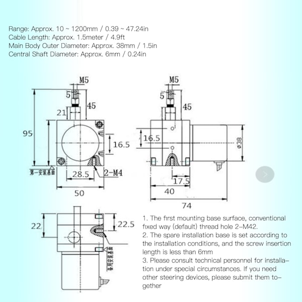 Dragtrådsgivare Puls Slag Valfri Inkremental Kabelbrytare Dia 38mm 10‑1200mm Räckvidd DC8‑24V