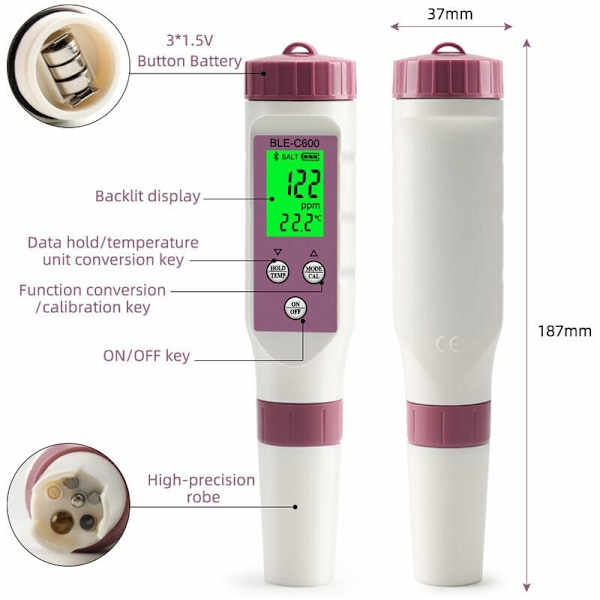 Bluetooth Vattenkvalitetstestare Temperatur ORP EC TDS Salthalt SG PH-mätare Online APP-kontroll