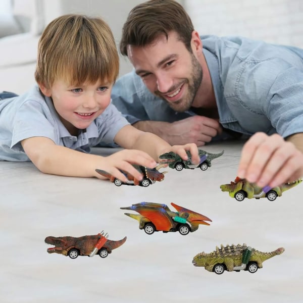 Dinosaurieleksaksbilar, 6-pack dinoleksaker för 3-åriga pojkar och småbarn, pojkleksaker från 3,4,5 år och uppåt, tillbakadragande leksaksbilar, dinosauriespel med