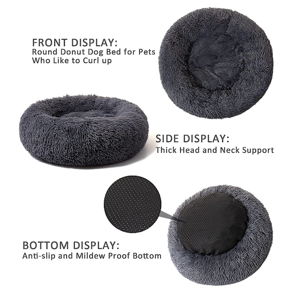 Donut Cuddler, Ångestdämpande Mjuk Rund Bädd Med Fluffig Fuskpäls För Innekatter Och Små Hundar, Maskintvättbar Djurbädd I Mörkgrått (50Cm)