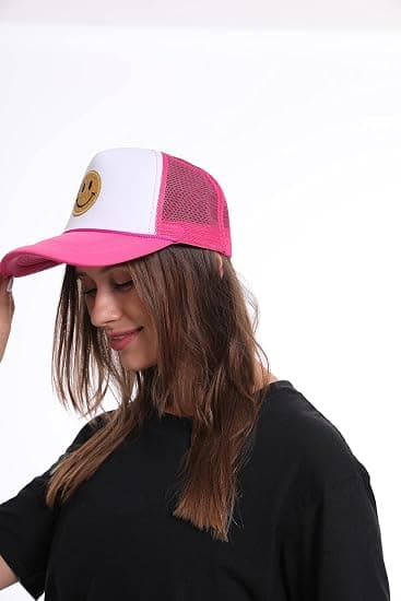 Mode Smiley Ansikte Glitter Neon Tryck Hög Krona Skum Mesh Baksida