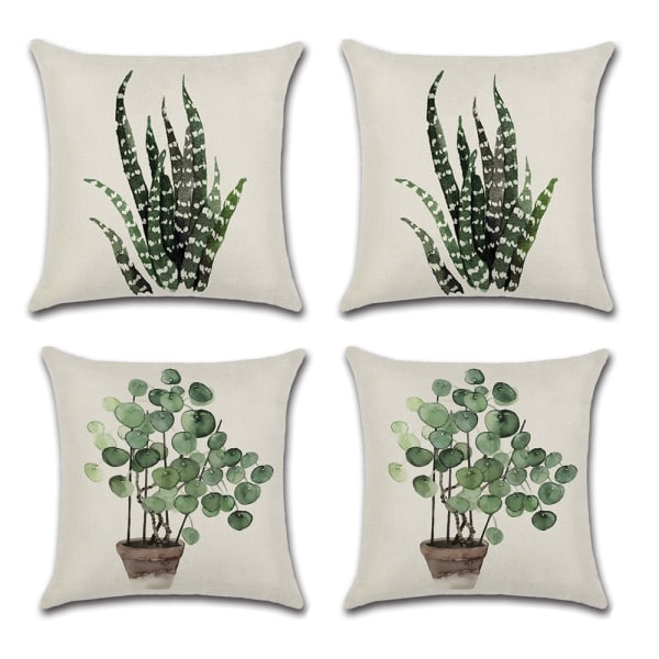 4-delad grön bladväxt tryckt kuddfodral soffa linne