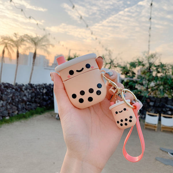 Sött Aairpods 1/2 fodral med nyckelring Girly Rosa Boba mjölkte Design Kompatibel med Aairpods 1/2 Laddningsfodral för kvinnor och flickor