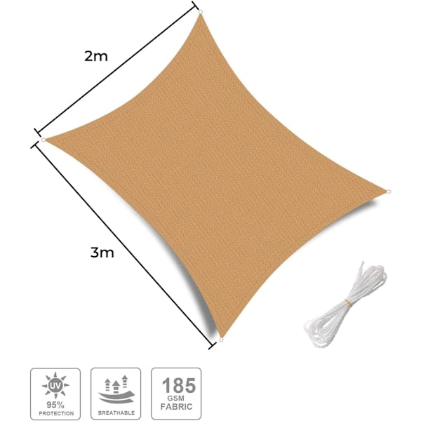 Rektangulär markis 2x3 m, markis 3x2 m HDPE, andningsbar, resistent, 95 % UV-skydd för utomhusbruk, trädgård, terrasser (sand)