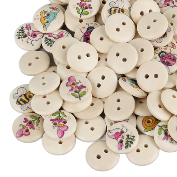 100 st 0,6 tum blandade tryckta träknappar DIY hantverksknappar dekorativa runda knappar för sömnad hantverk stockfärg bin fjärilar blommor och