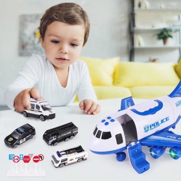 Polisflygplan Bil Leksak Set Flygplan Leksaker för Pojkar Flickor Barn, Blå