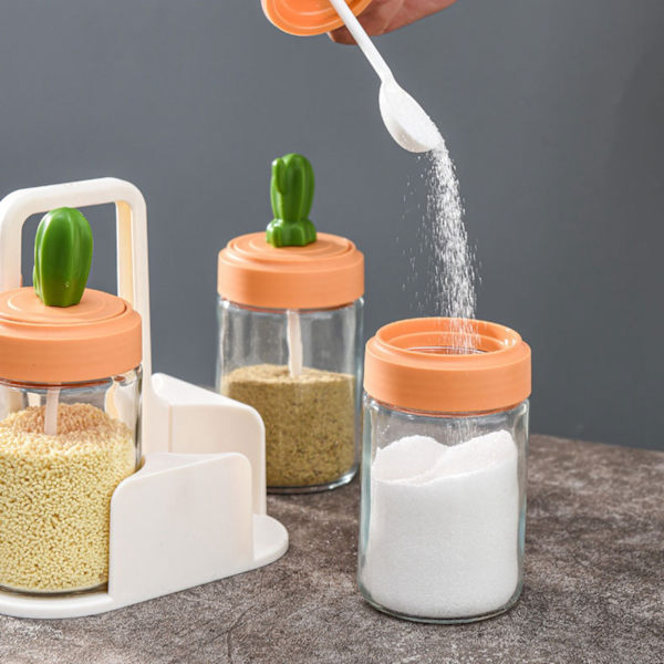 Kryddburk set för kök Kaktusformad lock Glasflaska God tätning Kryddbehållare med bottenbricka 4 st