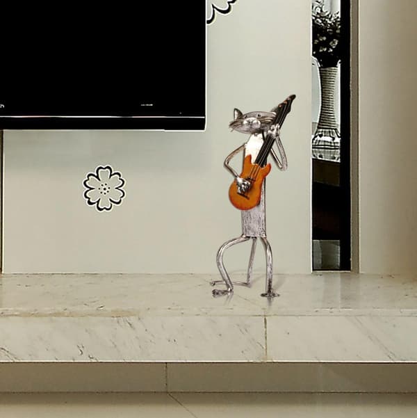 Metallskulptur katt med gitarr figur presenter till Thanksgiving,