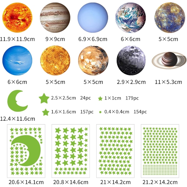 Himmelska Drömmar, Väggdekaler Solsystem, Självhäftande Självlysande Dekor för Barnrum Astronomi启蒙