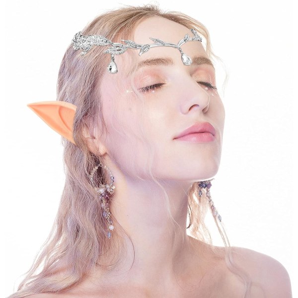 Elf Tiara och Öron Set Kristall Prinsessa Krona Tiara för Kvinnor Bröllopsfest Fe Elf Öron Cosplay Halloween