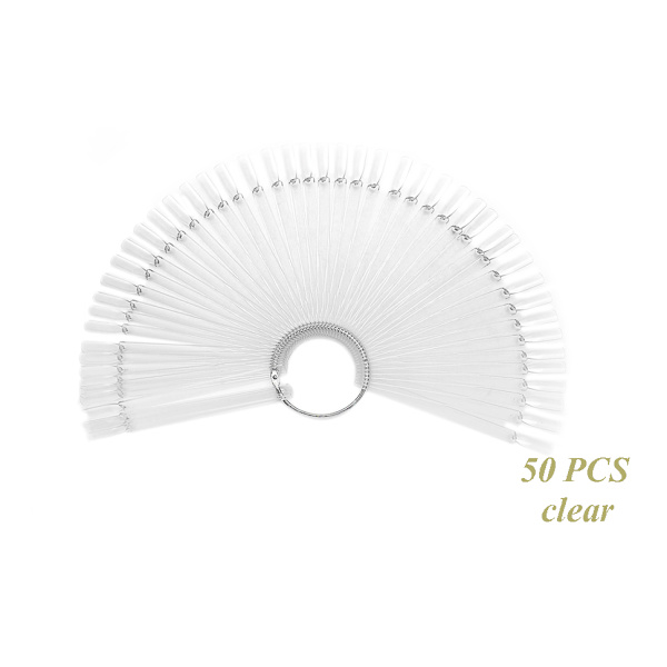 50 st transparenta fläktformade falska nagelprovpinnar nagellack övning display konstspetsar nagelprovpinnar med metalldelad ring