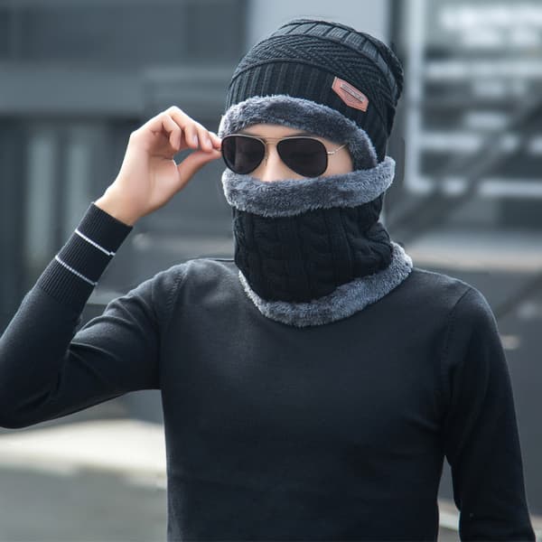 Stickad Vintermössa Herr Vadderad Varm Halsduk Ett Stycke Mössa - Blå