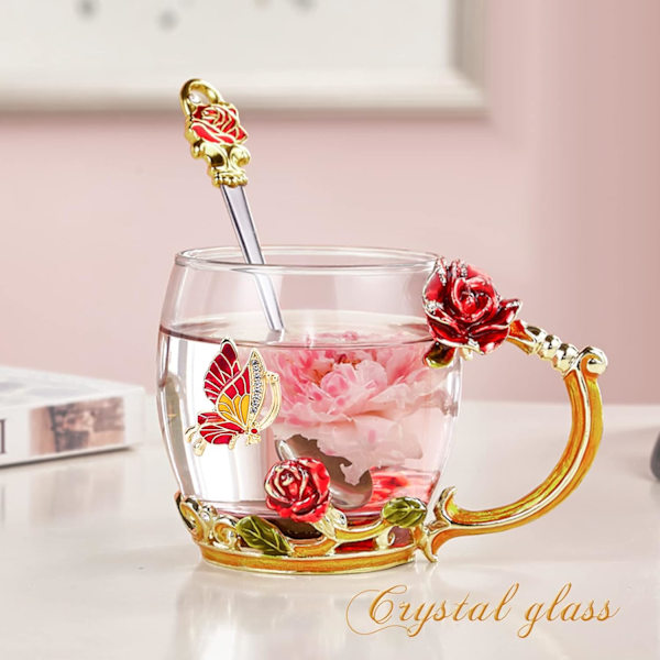 Rosblomsdesign, Mugg med fjärilsdekorationer och matchande rostfri sked för unika presentidéer Red Gold