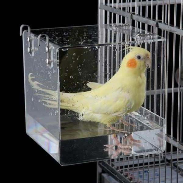 Parrot Paradise, Akryl Klar Fågelbad för Bur, Läcksäker Design för Problemfritt Badande, Två-i-Ett Design Kombinerar Bad och Matare, Passar De Flesta