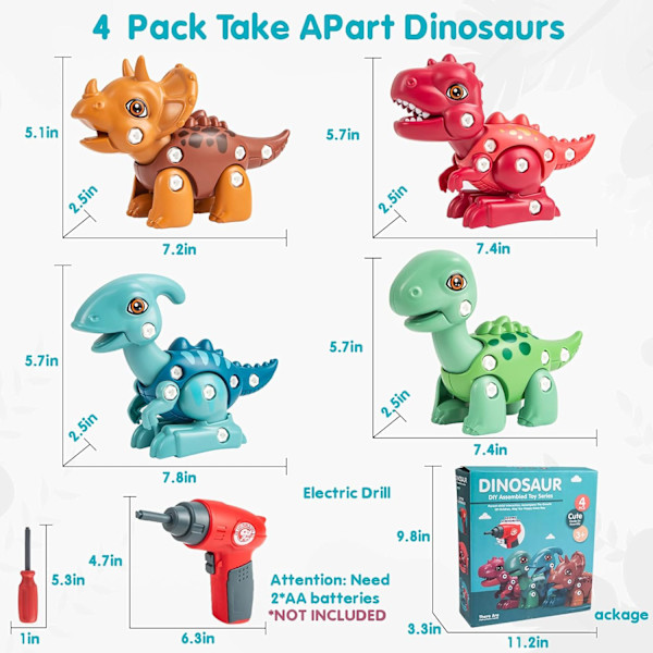 Ta isär dinosaurie leksaker för barn 3-5 5-7, lek kit STEM lärande konstruktion bygg barn leksaker med elektrisk borr（4 i 1）