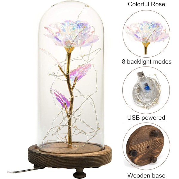 Halcyon Galaxy Rose i glaskupa - LED-ljusslinga på den färgglada blomman - förtrollad ros varar för evigt - Infinity Rose blomma gåva för bröllop,